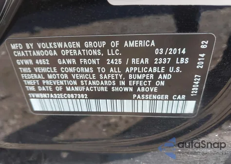 2014 Volkswagen Passat 2.0L Tdi Se из США, поврежденный, VIN 1VWBN7A32EC087382